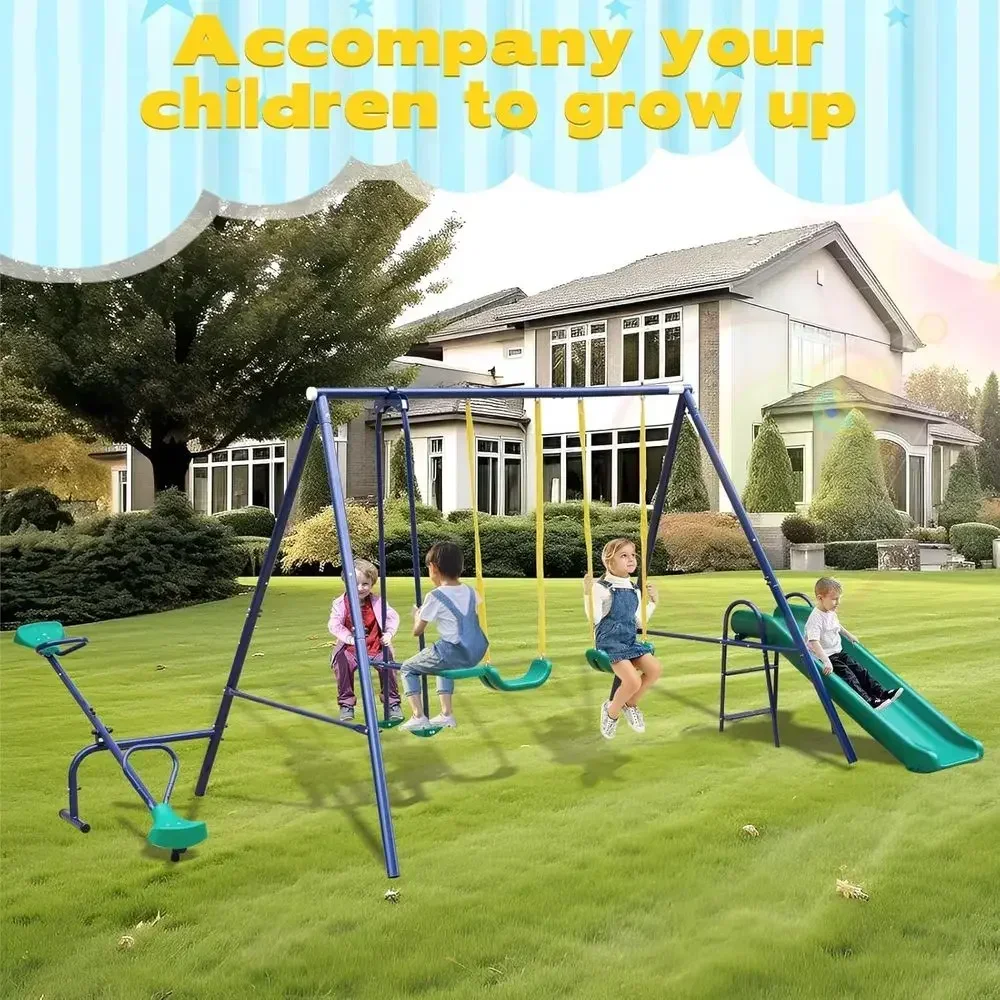 All-in-One Outdoor Swing Set with Slide, Teeter-Totter, Swing Glider for Ages 3-8, Weatherproof, Durable, Blue