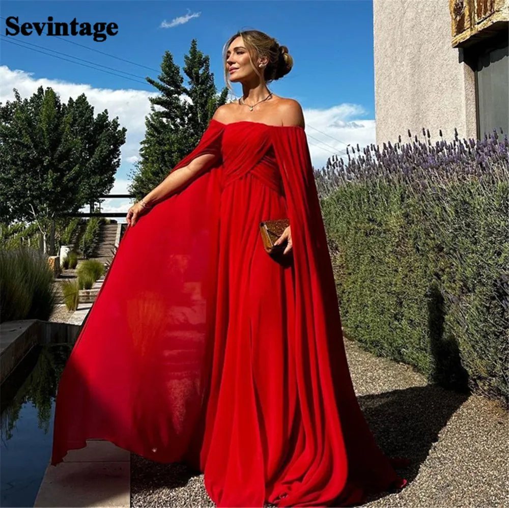 

Sevintage Elegant Red Chiffon Prom Dress Off The Shoulder Long Cape Sleeves Pleated Floor Length Evening Dress vestidos de gala