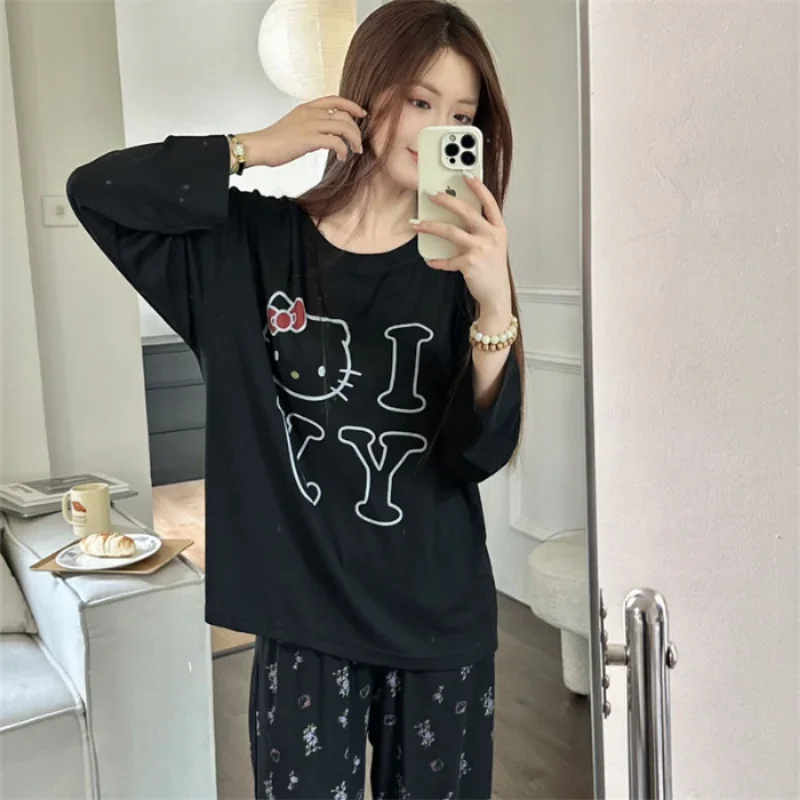 Sanrio Hello Kitty Loungewear Autumn Cotton Long Sleeve Pants Women\'s Pajamas Women\'s Casual Cartoon Two-piece Pajamas