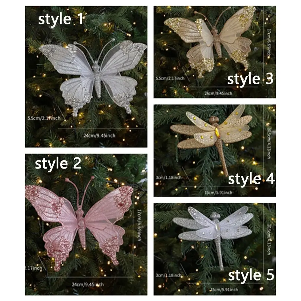 Ornamento scintillante di farfalle natalizie con clip Decorazione da appendere con libellula colorata Decorazioni per l'albero di Natale glitterate