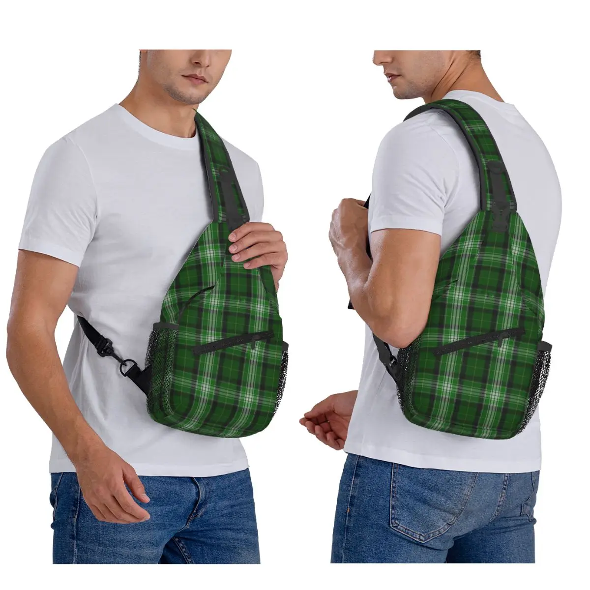 

Green And White Scottish Tartan Plaid Chest Bag Men Sling Crossbody Backpack Chest Bag Traveling Hiking Daypack Shoulder Bag