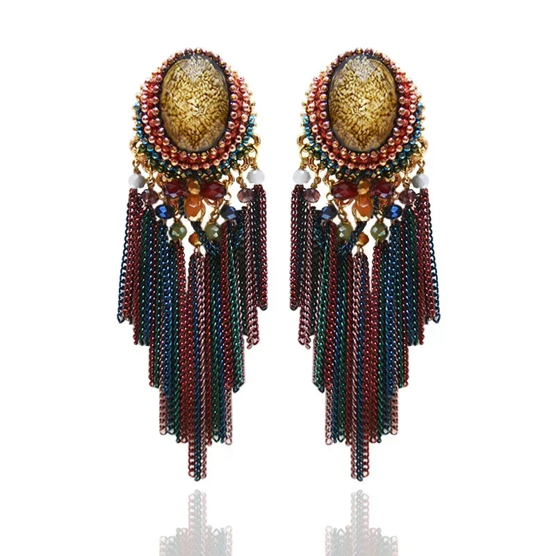 S925 الأقراط الطويلة العرقية المنسوجة يدويا البوهيمي الشرابة القرط للنساء