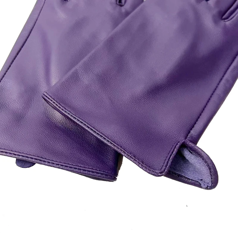 Purple Goatskin Gloves for Women Autumn Winter Vintage Ladies Real Leather Leisure Driving Outdoor Unlined Mittens Arm Warmer