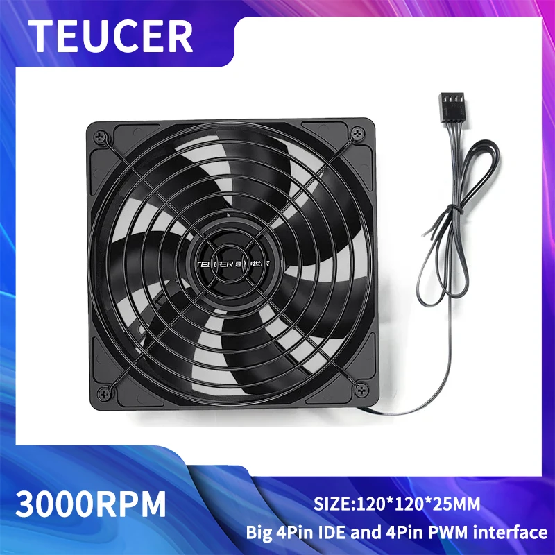 TEUCER B12025 High Speed Computer Case Fan 120MM 3000PRM Large Air Volume Big 4Pin PWM Fan For PC BTC Mining Chassis Miner Fan