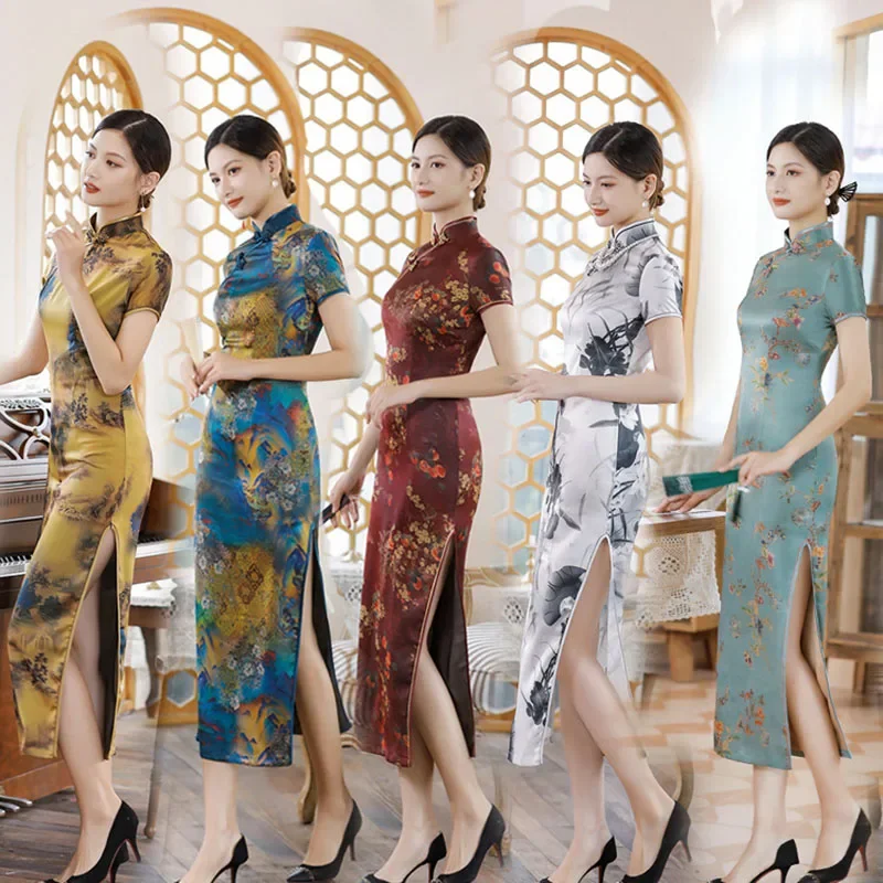 

8 цветов, летнее женское платье больших размеров, длинное платье Cheongsam с коротким рукавом, элегантное винтажное платье, женское тонкое Ципао от M до 4XL, высокое качество