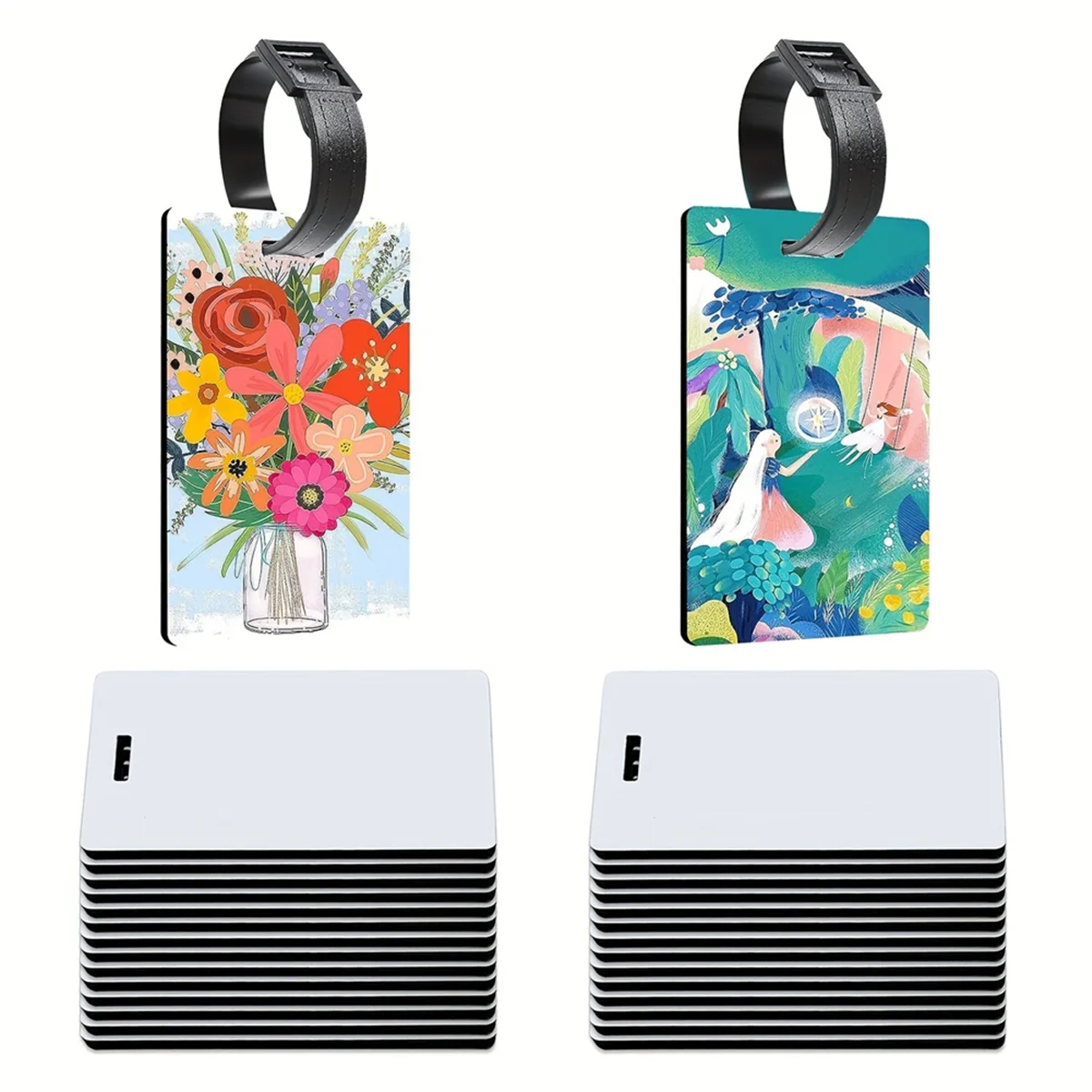 2025+ Sublimation Luggage Tag Blanks, Double Sided MDF Suitcase Label Tag Blank Travel Bag Tags with Strap for DIY Design Work
