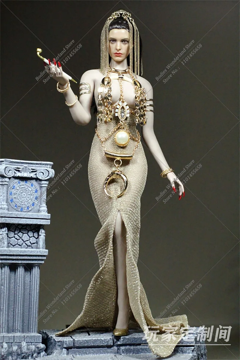 Customized 1/6 Sexy Women's The Queen of Egypt Corset Chain Long Front Slit Star Skirt Headwear fit 12In Largest Mid Breast Body