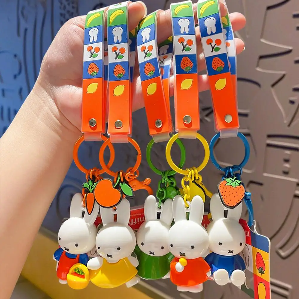 Miffy Rabbit Keychain Set Multi-color Fruit Pattern Plastic Key Ring With Lanyard Portable Bag Pendant For Keys Bags Phone Acces