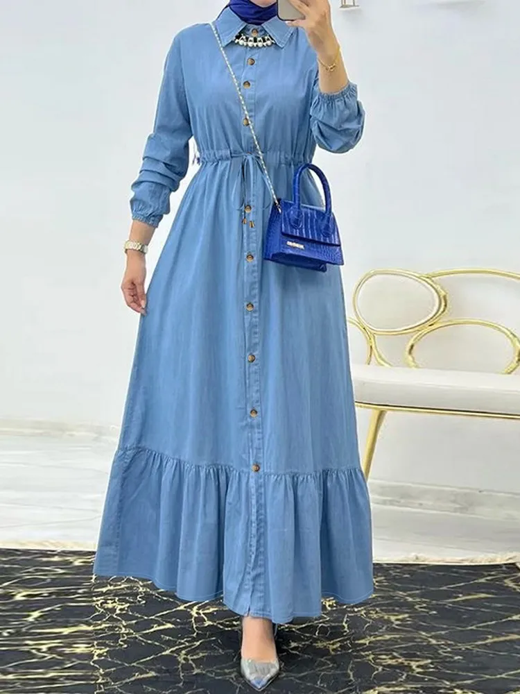 African Dresses For Women Elegant Denim 2024 New Muslim Fashion Abayas Dashiki Robe Kaftan Long Maxi Dress Turkish Africa