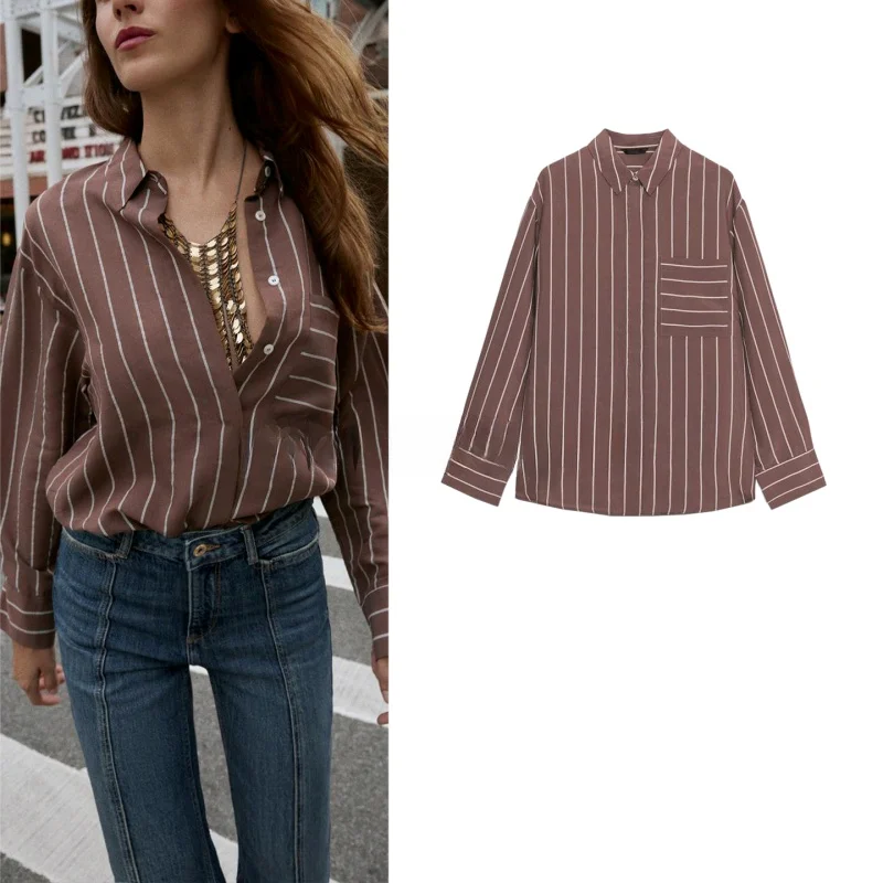 

Новая зимняя женская повседневная рубашка с длинным рукавом, на пуговицах, в полоску, свободного кроя, из полиэстера