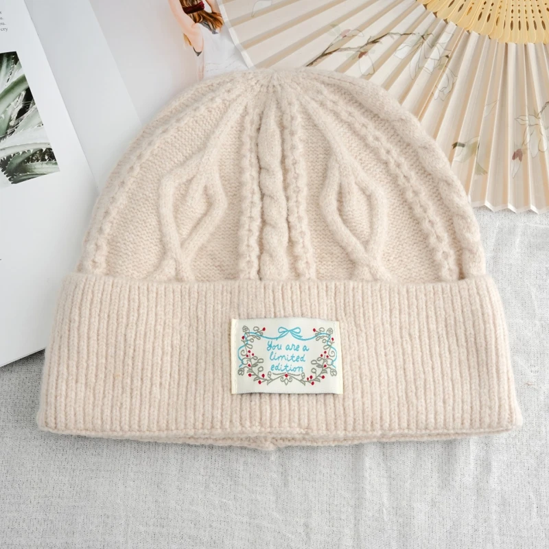 Unisex Winter Warm Windproof Thick Cable Knit Beanie Hat with Label Patch Thermal Earflap Cap Woman Man Cold Weather Skull Cap