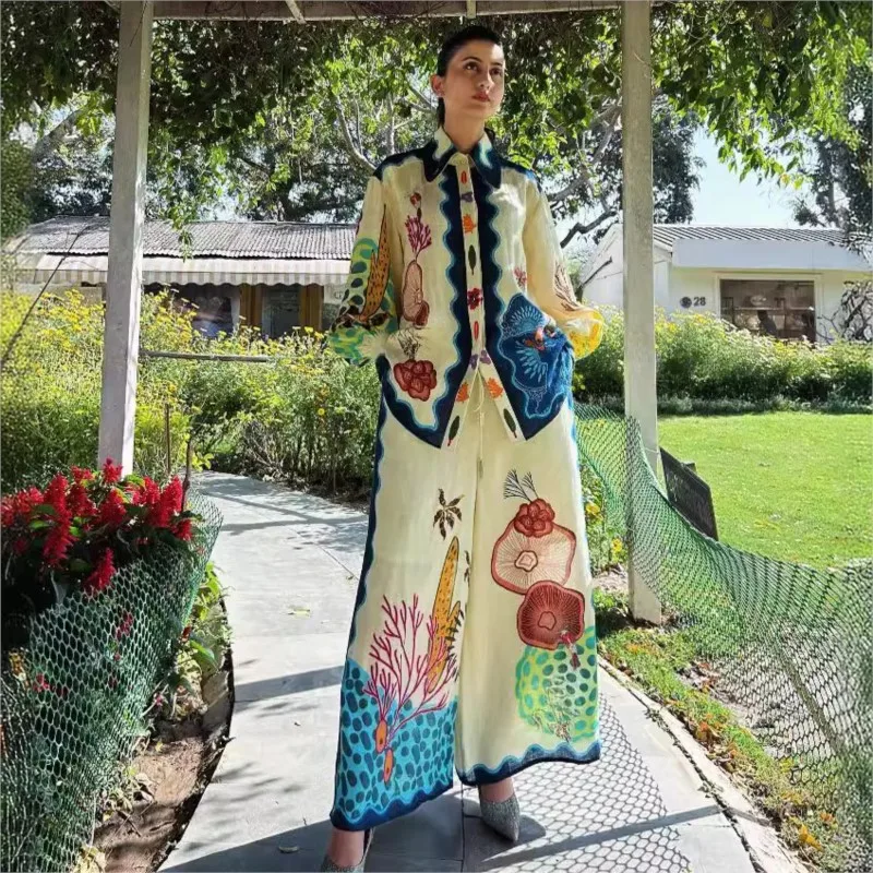 

Women Casual Loose Lantern Sleeve Shirts Two Piece Sets Summer Patchwork Vintage Print Wide Leg Pants Sets Chic Women Outfits
