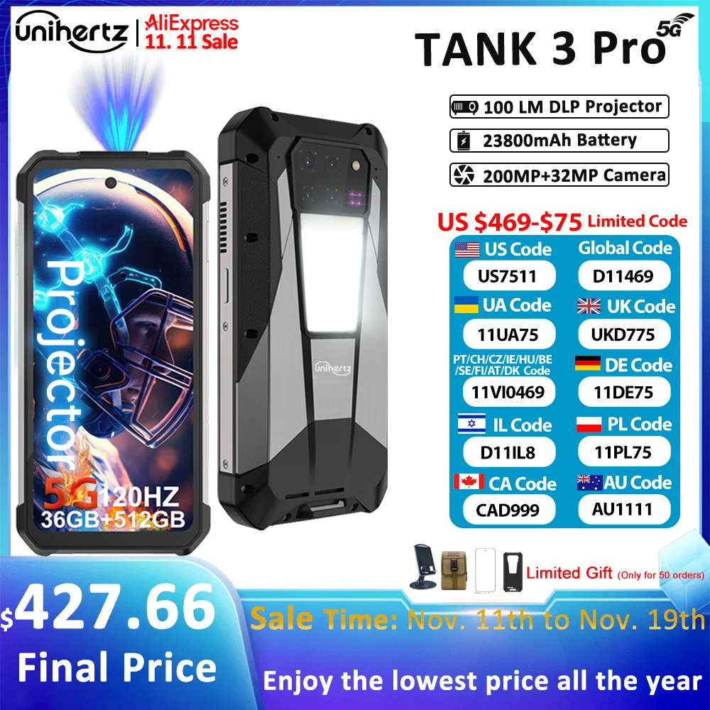 US EU MX Warehouse Unihertz Tank 3 Pro 8849 with 100 Lumens 5G Projector phone,32GB/36GB RAM,512GB ROM,23800mAh 120W,200MP, NFC