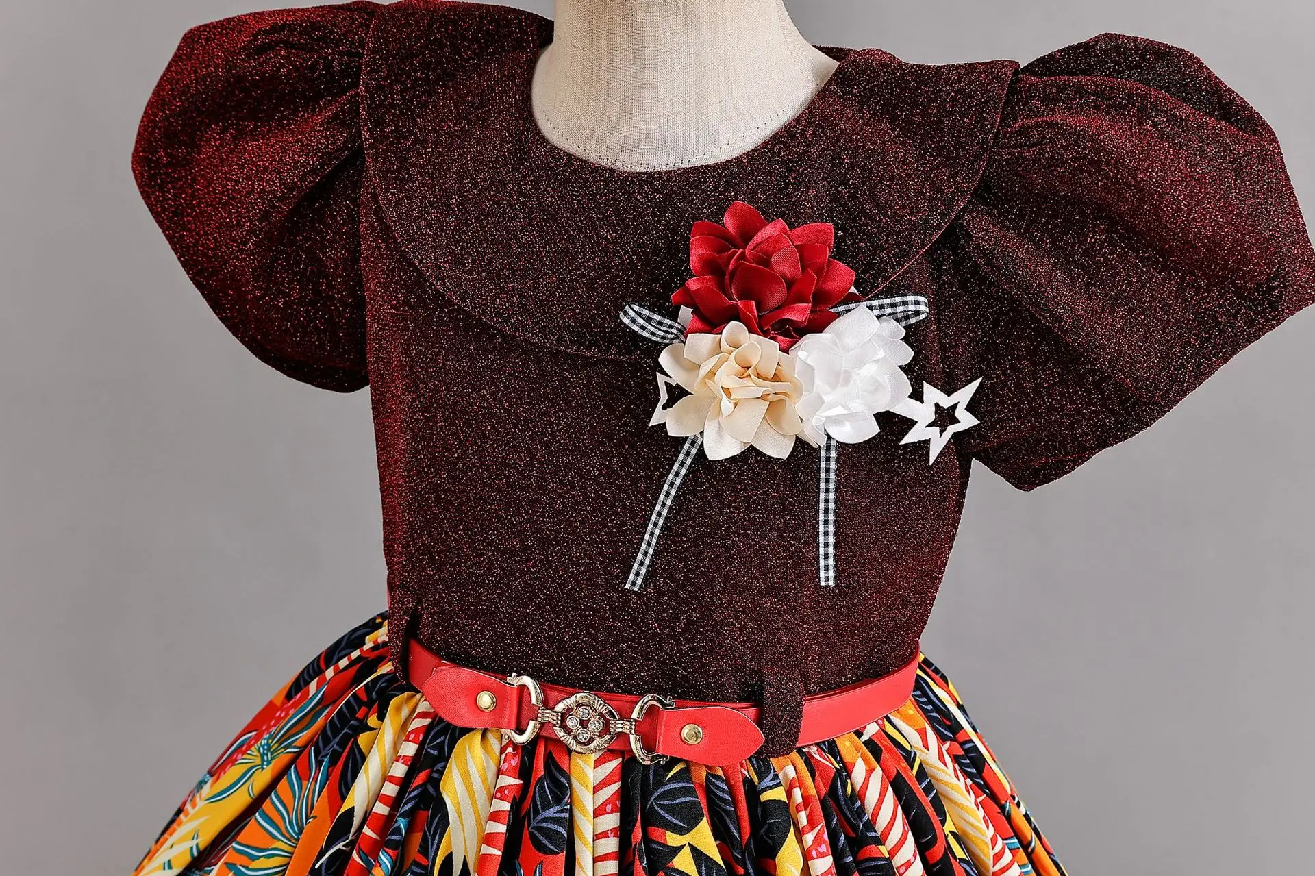 4-12 Years Retro Floral Kids\' Dresses Leather Belt Children Girls Evening Party Prom Gown Baby Girl Elegant Costume Dress