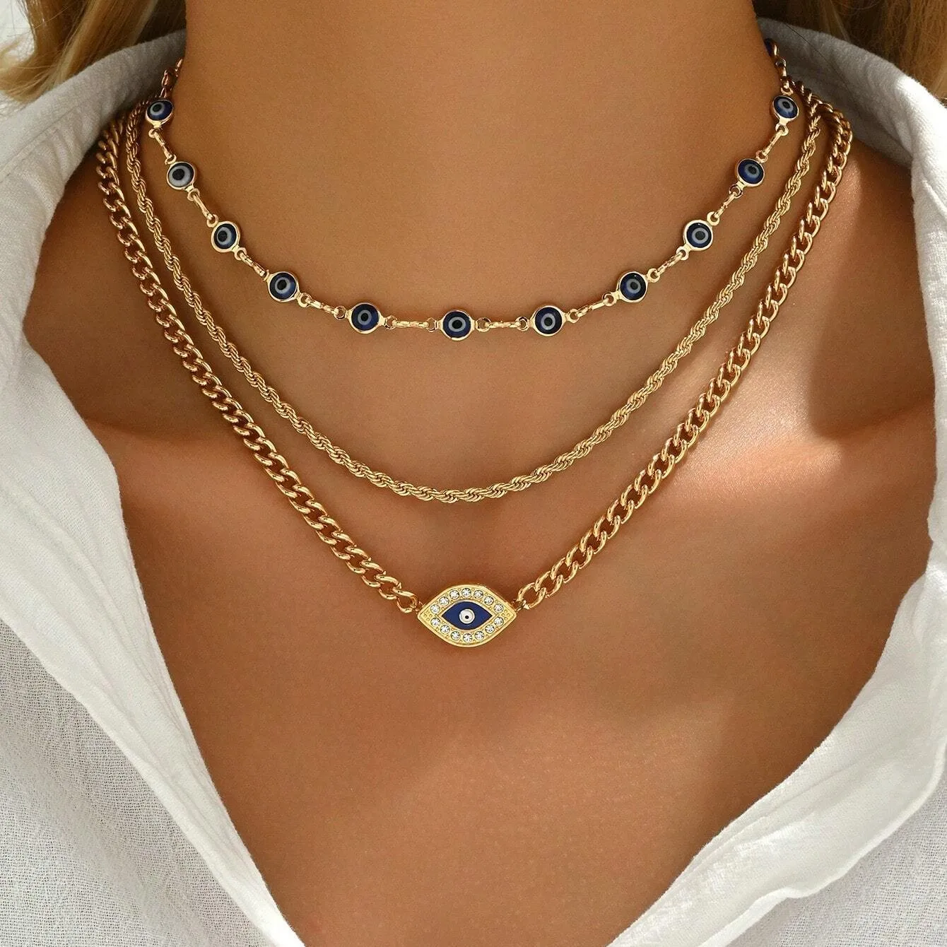 Boho Gothic Multilayer Evil Eye Pendant Necklace For Women Gold Color Turkish Metal Clavicle Chain Choker Beach Party Jewelry