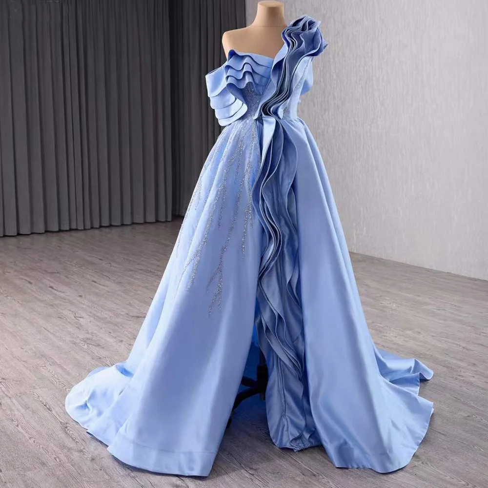 Evening Party Dresses One-Shoulder Beading Sequined Lace A Line Customized Blue Woman Prom Dress 2026