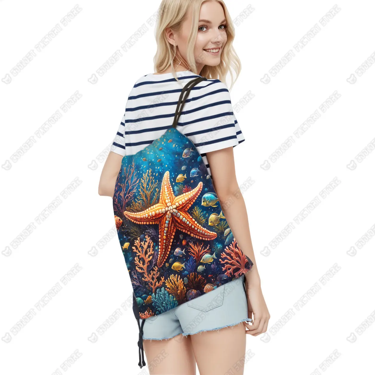 Sea Animal Otter Octopus Drawstring Bag Dolphin Jellyfish Backpack Turtle Seal Shoes Storage Bags Bookbag Shoes Holder