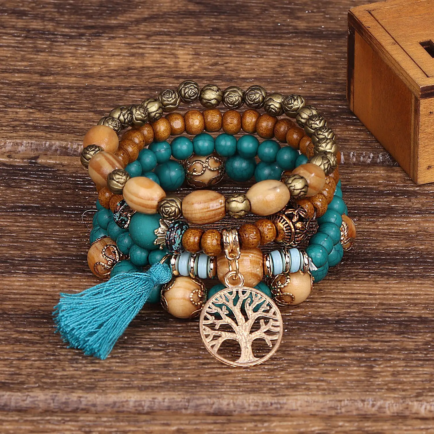 4Pcs/Set Wood Beads Chain Bracelet Set For Women Tree Of Life Charm Rose Flower Handmade Bangle Girls Bohemian Jewelry Gift