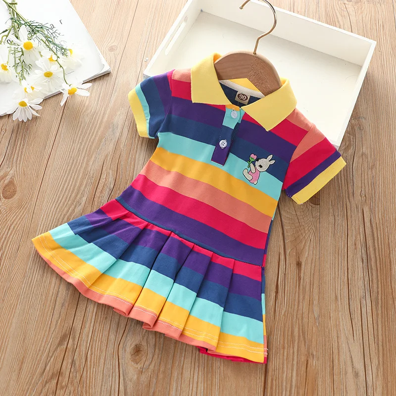 Sommermode für Mädchen, süßes Kleid mit kurzen Ärmeln, Cartoon-Kaninchen-Stickerei, Regenbogenstreifen, Prinzessinnenkleid für Babymädchen – Detail 8