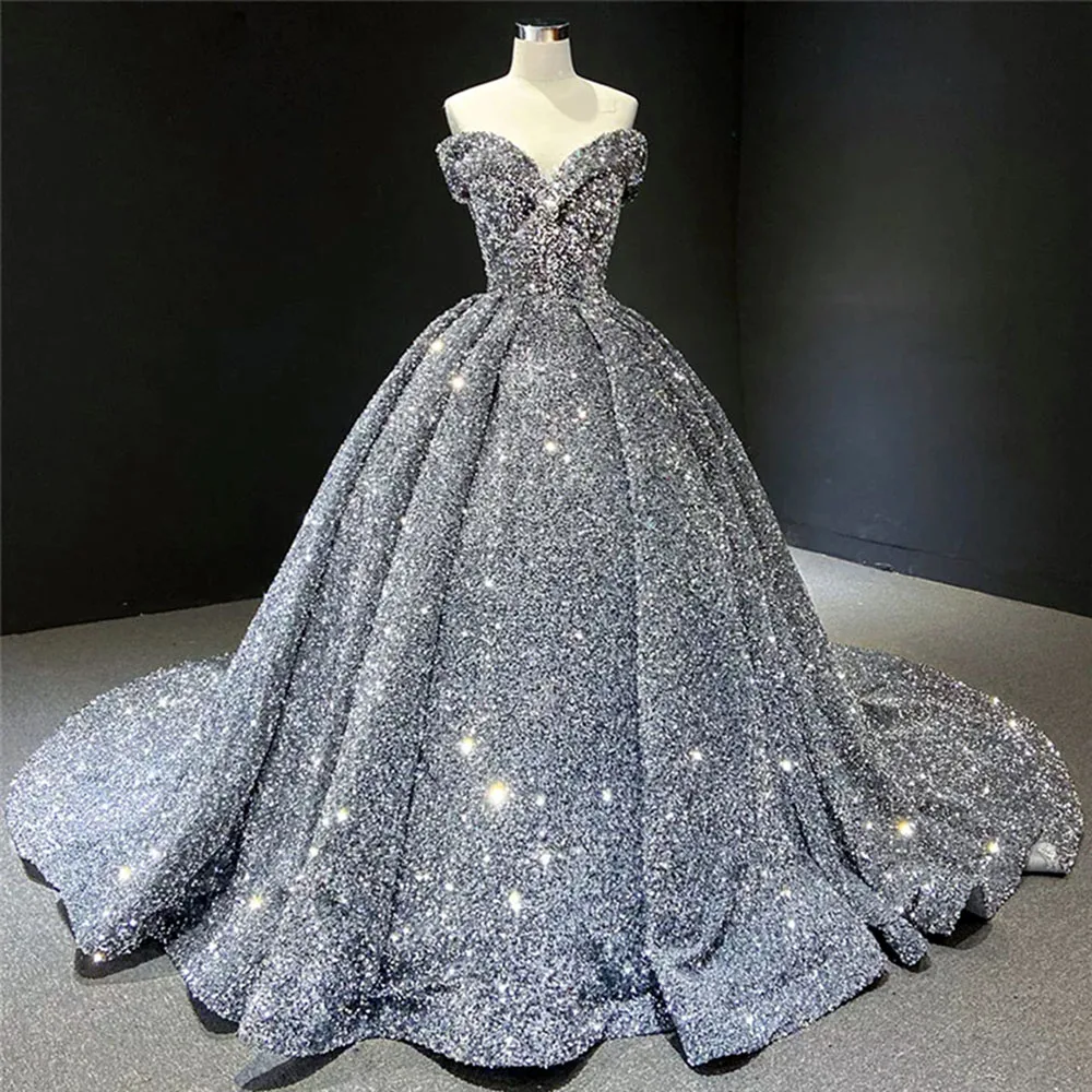 

Gray Formal Evening Dresses 2023 Luxury Women Elegant Sequined Party Dress Robe De Soiree Sexy Off Shoulder Long Prom Dress