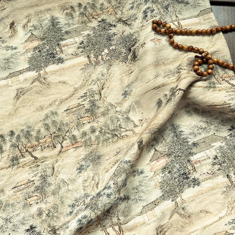 L100cm X W150cm  Cotton Brocade Fabric Chinese Style Landscape Print Pavilions Among Pines Dress Qipao Hanfu DIY Craft Material