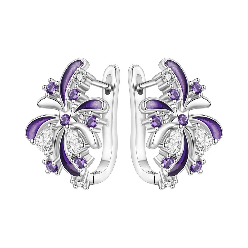 

Purple Enamel Floral Leverback Earrings CZ Hypoallergenic Vintage Silver Tone Women Jewelry MURMUR