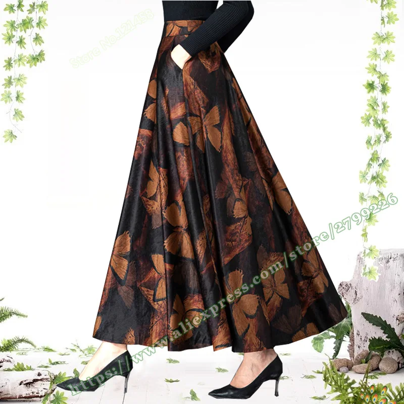 intage Floral Print plus Size A-Line Maxi Skirt Woolen Umbrella Skirt Retro Fashion Elegant Winter Skirt with Pocket for Women