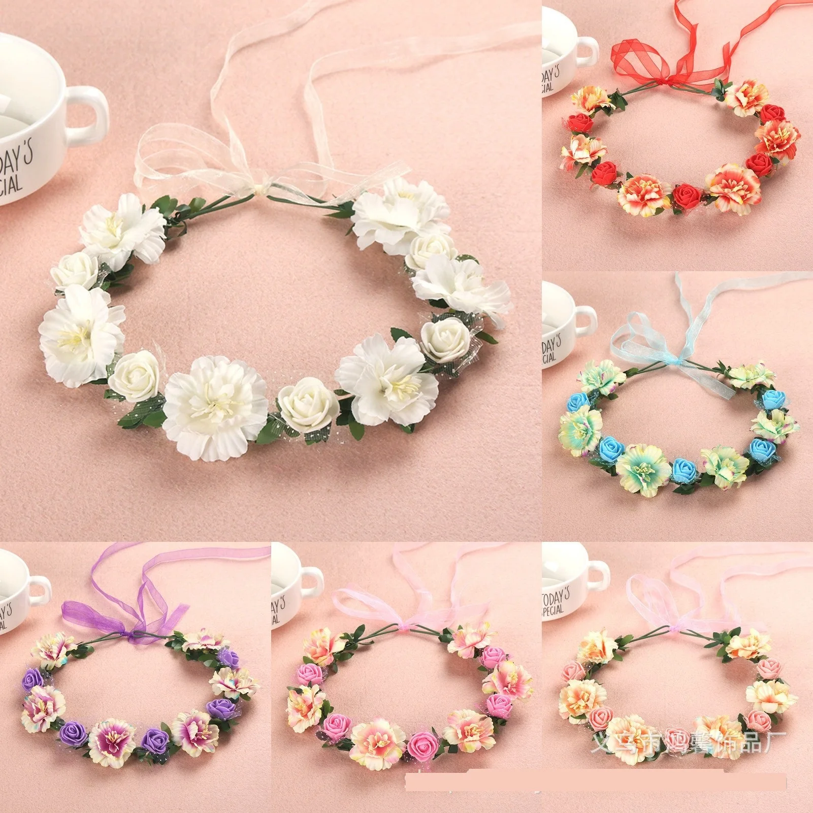 Fashion Bohemia Garland Flower Crown Women Headbands with Adjustable Ribbon Girls Floral Wreath Bridal Halo Headpiece