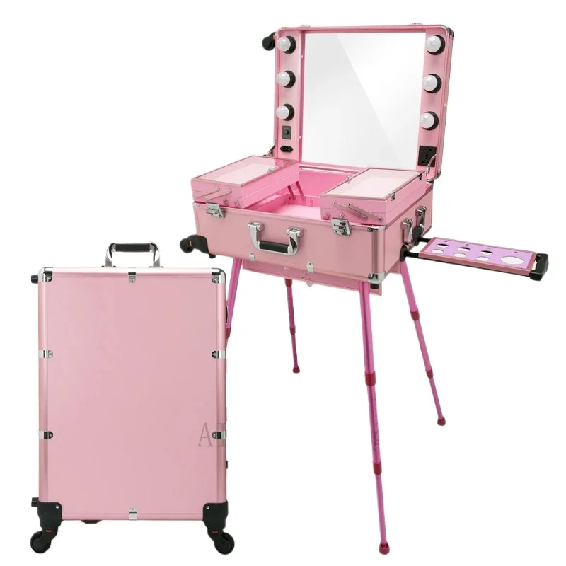 Professional Rolling Cosmetic Case Beauty Makeup Trolley suitcase LED Light Mirror Box Pink Luggage Aluminum frame Folding table