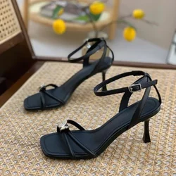 2024 Summer Band Heel Sandals Women Heel Ankle Strap Fashion Square Toe Ladies Dress Sandals Women's Shoes Wedding Shoes Bride