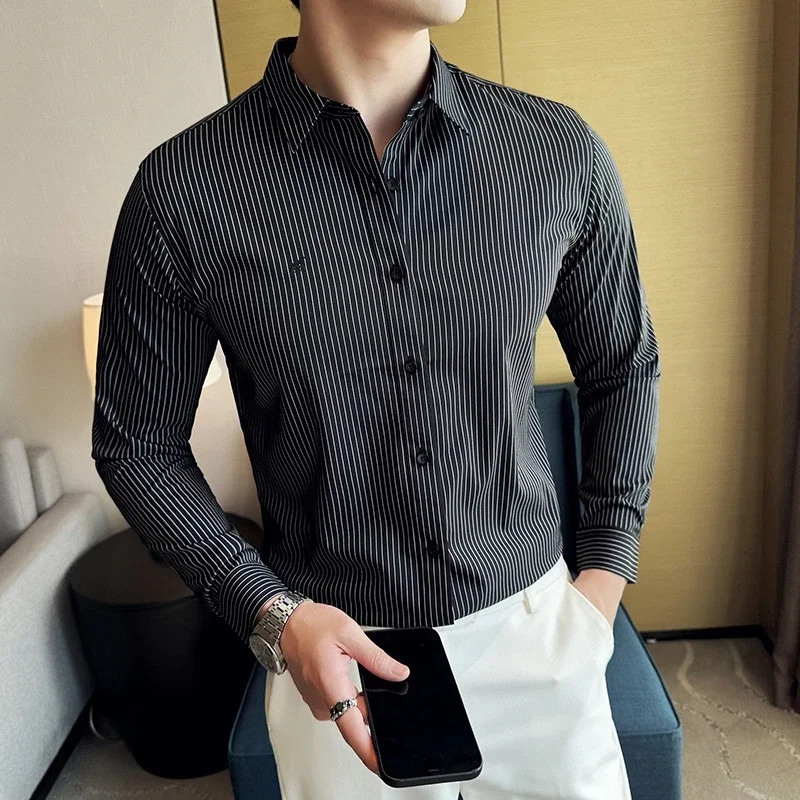 

Men Clothing Autumn Winter British Business Casual Shirt Men's Striped Long Sleeved Shirts Slim Fit Social Formal Dress Shirts