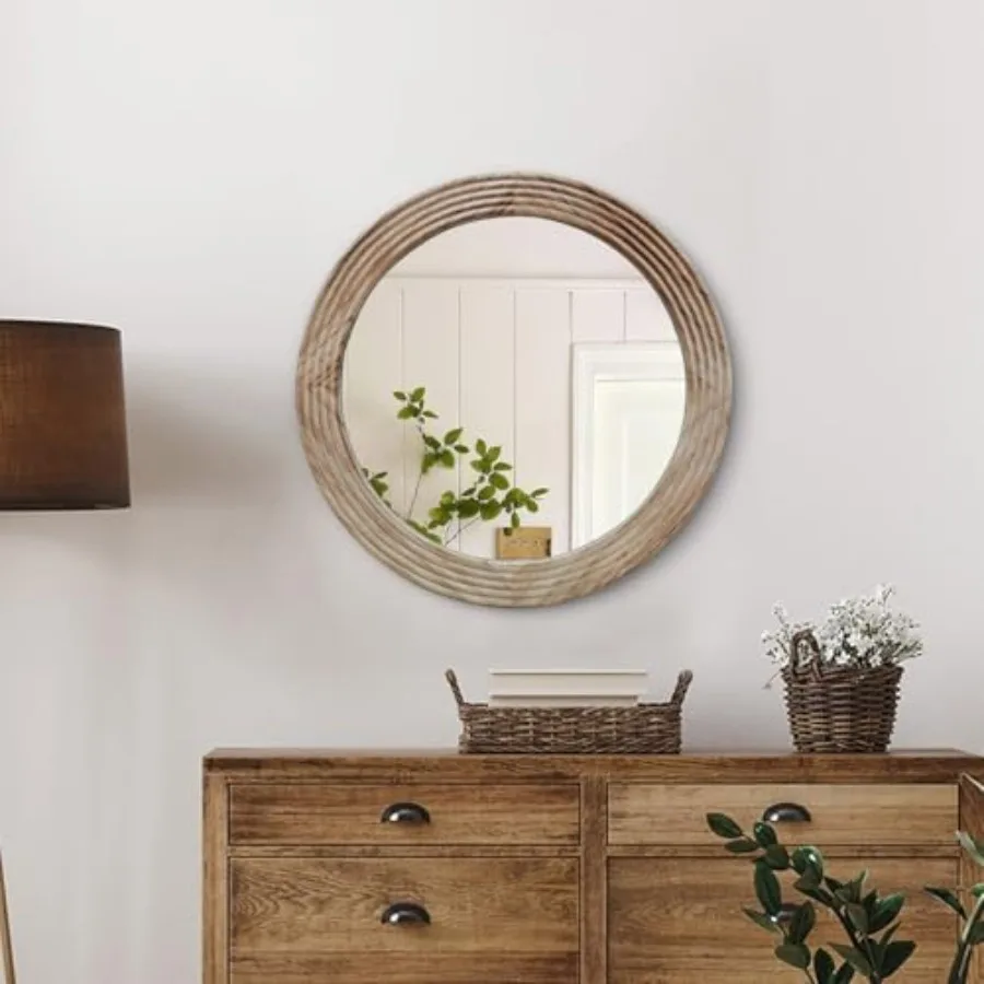 

Round Mirror, Farmhouse Decor Solid Wood Frame Wall Circle Mirror, Decorative Mirrors for Bathroom Over Sink, Living Room, Entr