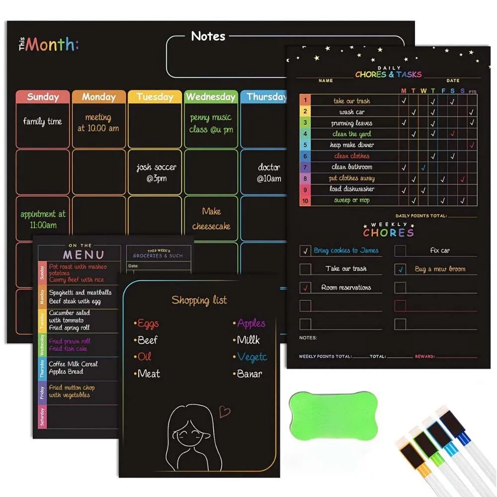 Magnetic whiteboard calendar four-piece set includes 4 colored pens and 1 blackboard eraser (random color)