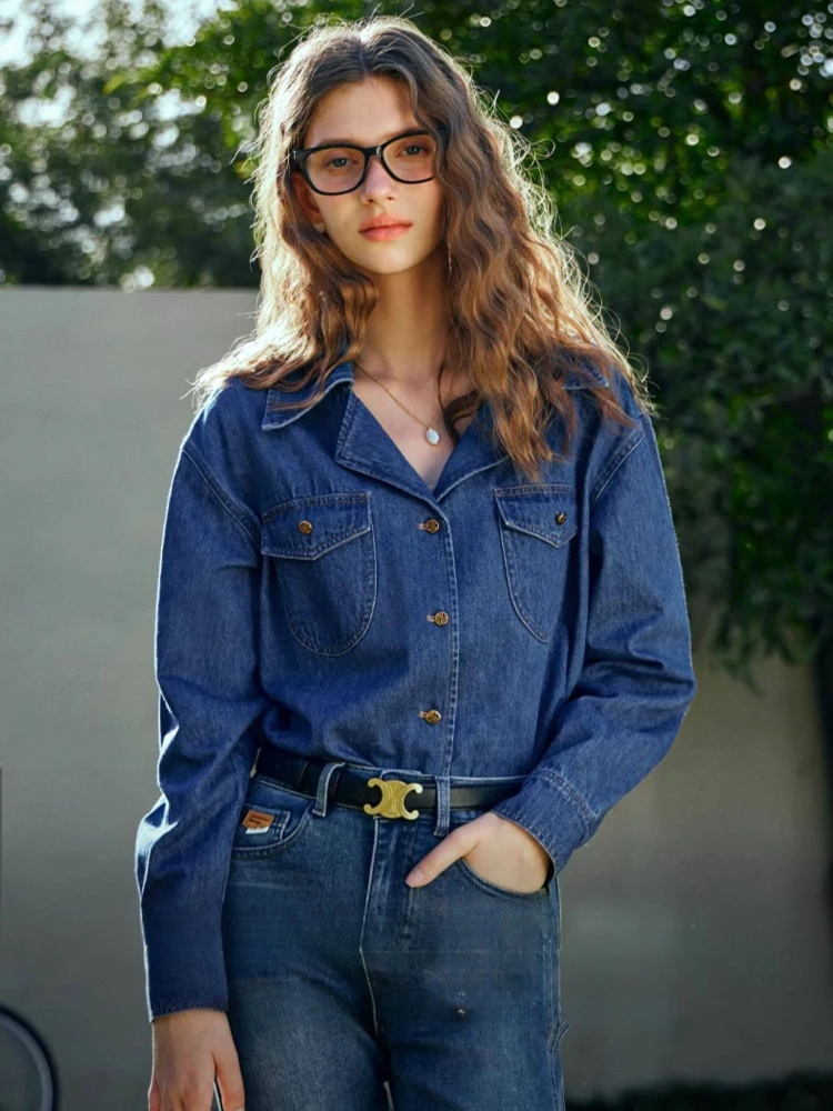 OLrain frauen Blau Denim Hemd Vintage Oversize Damen Tops Casual drehen-unten Kragen Tasche Gerade Weibliche Shirts O24CC83309