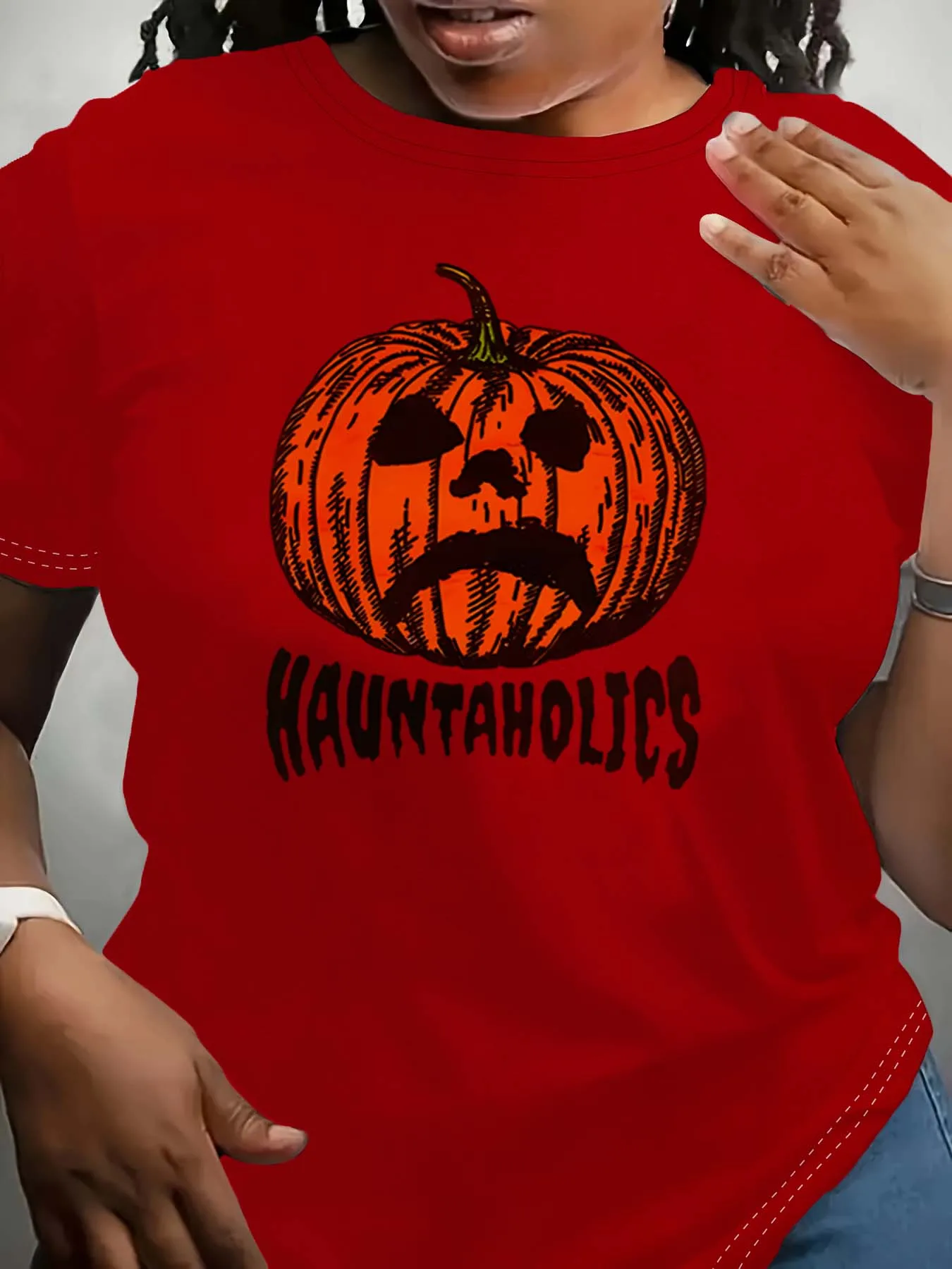 Traje de moda com rosto de abóbora com tema Hauntaholics plus size