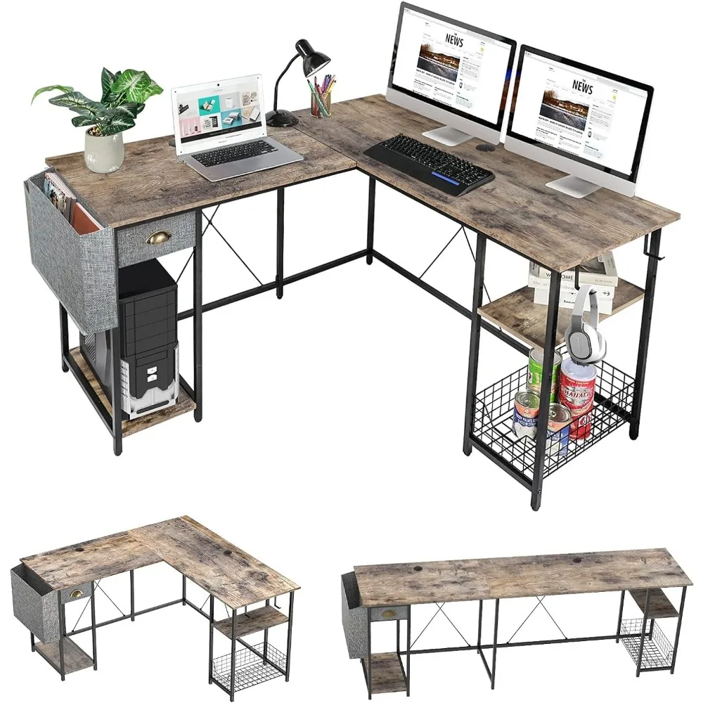 Two person office desk, large L-shaped computer desk with storage rack drawers, home office writing corner office desk