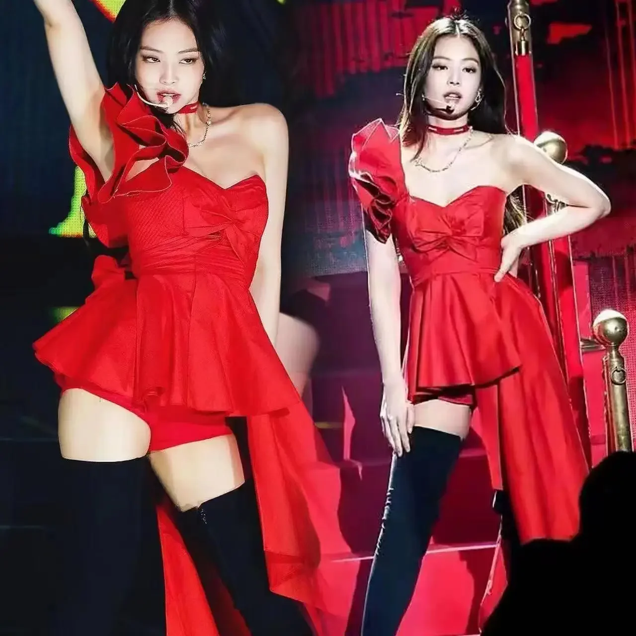 Jinzhini Star's Same Style Singing Costume Girl Group Modern Dance Performance Costume Stage Red Off Shoulder Irregular Dress