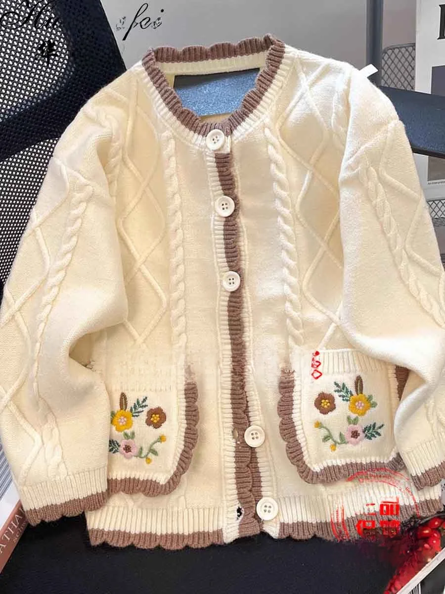 Pull tricoté doux et confortable pour femme, manteau, coupe ample, fleur brodée, paresseux, doux, Long, Sve rond Ne, automne hiver