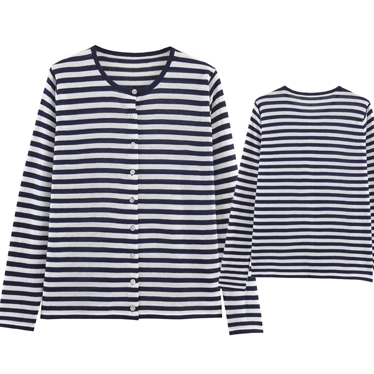 

Dave&Di Japanese Minimalist Blue And White Striped Knitted Cardigan Jacket Women's Sweater Knitwear Woman Clothing Tops