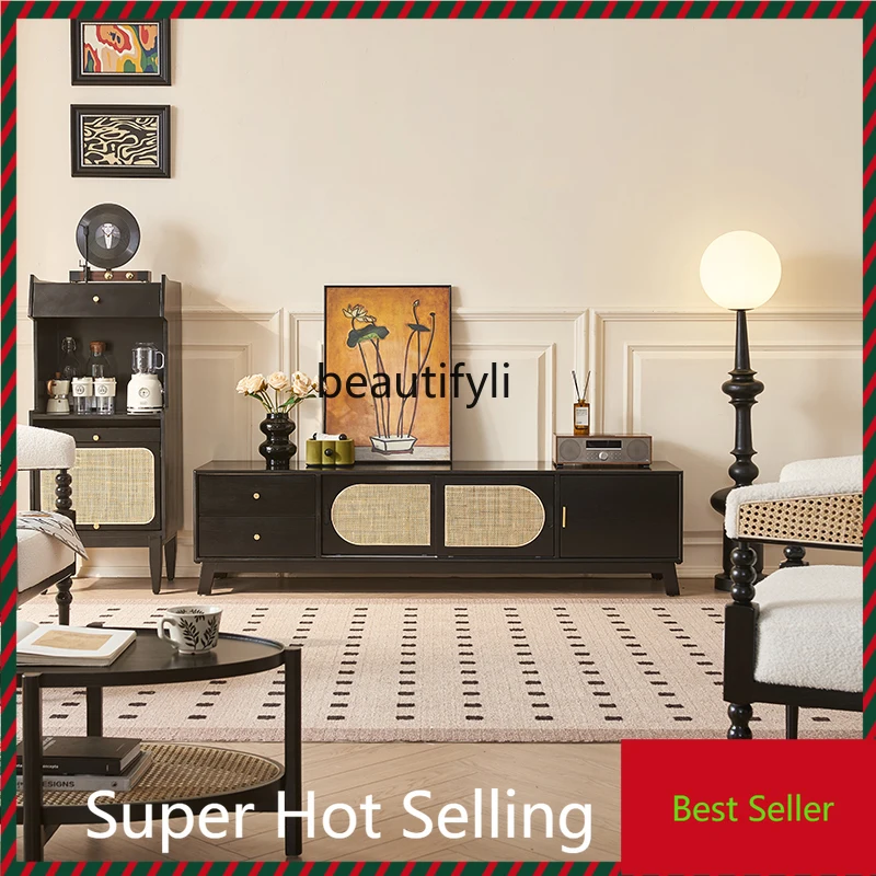 

A71 Nordic Rattan TV Cabinet Small Apartment Living Room Vintage Storage Cabinet Floor Rattan Storage Cabinet