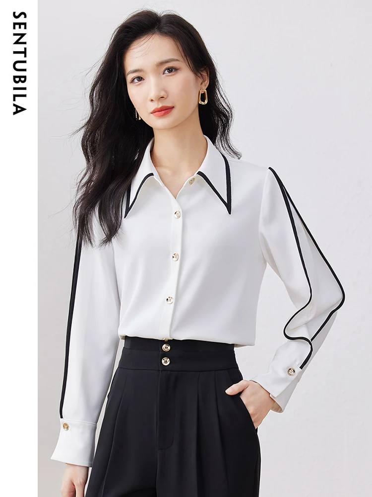 

SENTUBILA Button Down Shirts for Women 2024 Autumn Lantern Long Sleeve Simple Straight Slim Blouse Contrast Web Tops 133C49339