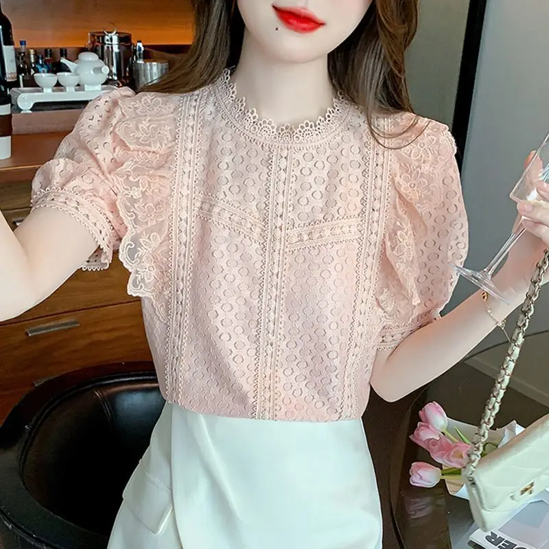 Women\'s Clothing Korean Fashion Lace Spliced Solid Color Shirt Summer All-match Elegant Female Round Neck Hollow Out Blouse