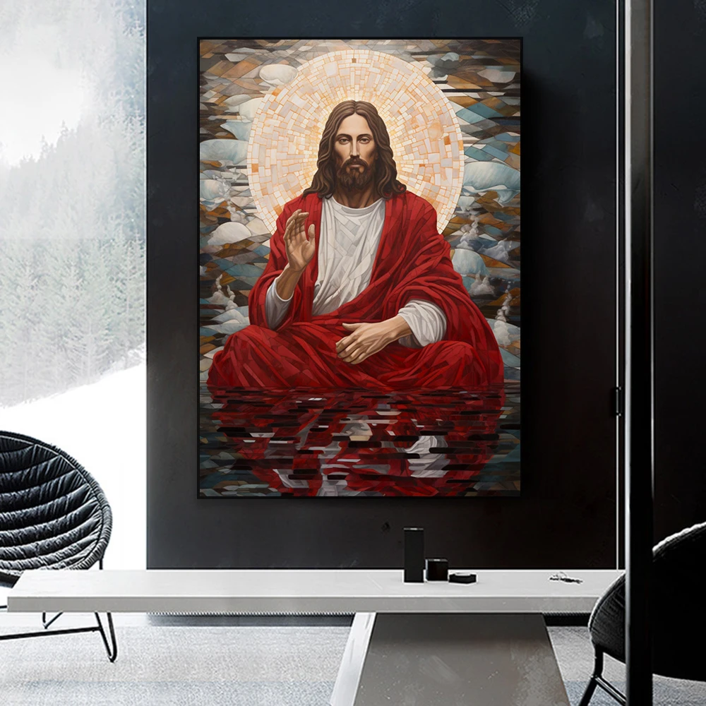 Christian Wall Art Poster Jesus Meditation Vintage Portrait Prints Red Robe Jesus Oil Painting Print Bible Verse Canvas Painting