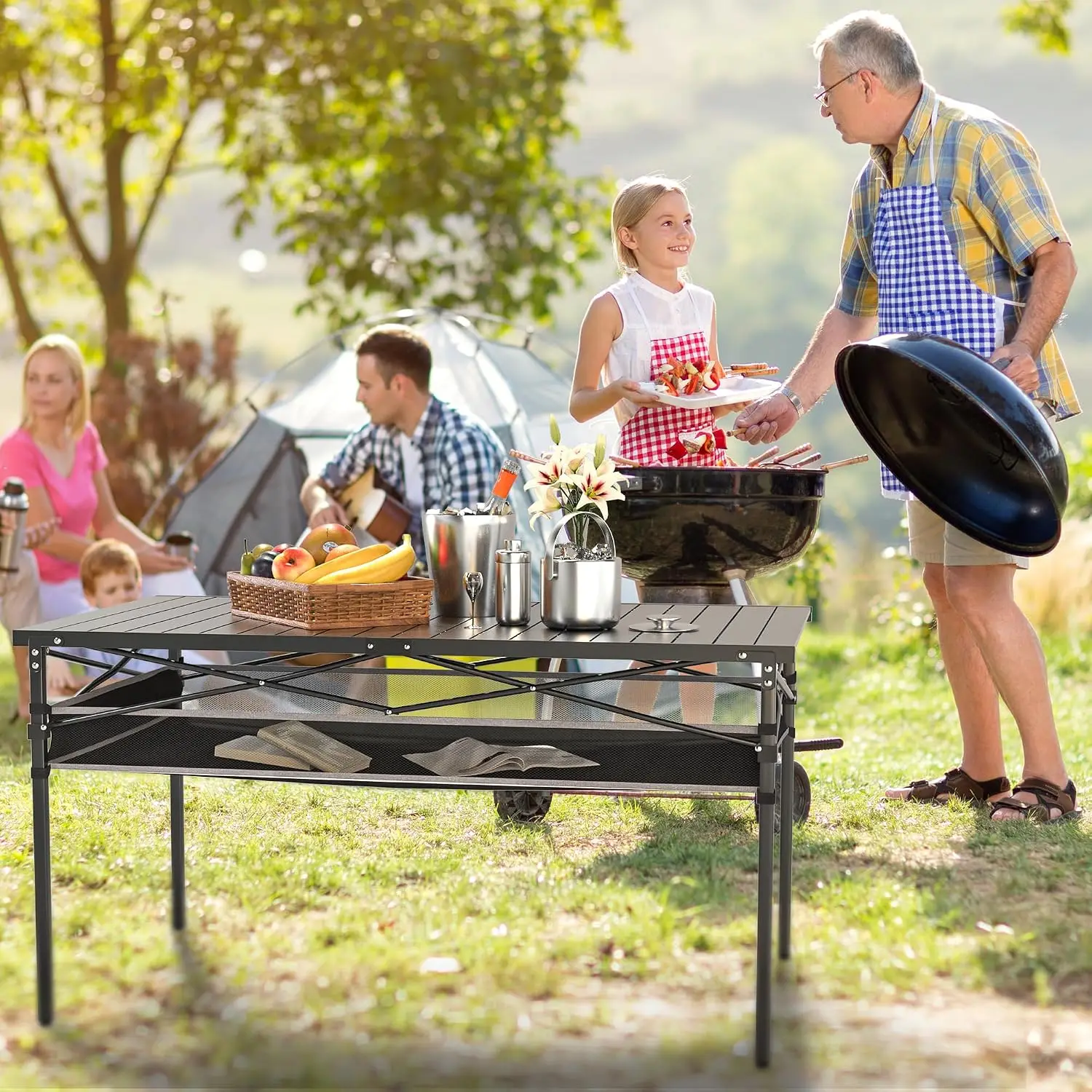 46.6 Inch Aluminum Foldable Camping Table for Party and Picnic | Roll-Up Top,Storage Net,Portable and Lightweight,Carrying