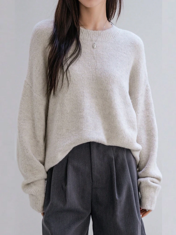 

2025 Autumn/Winter Fashion New Women's Wool Knitted Hoodie Round Neck Solid Color Thick Warm Long Sleeve Commuter Sweater