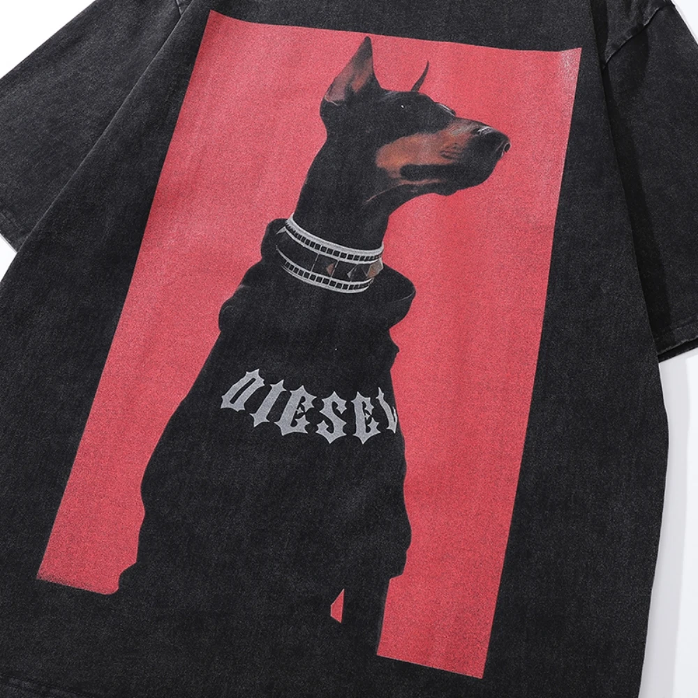 Washed Distressed Printed Oversized T-Shirt Dog Tees for Men Women Baggy Aesthetic Clothing Tops Vintage Goth Clothes Streetwear