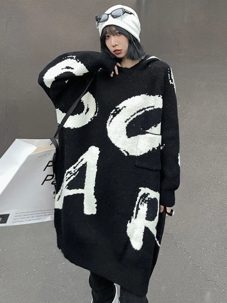 [EAM] Black Pattern Big Size Long Knitting Sweater Hooded Long Sleeve Women Pullovers New Fashion Spring Autumn 2024 1DH7209