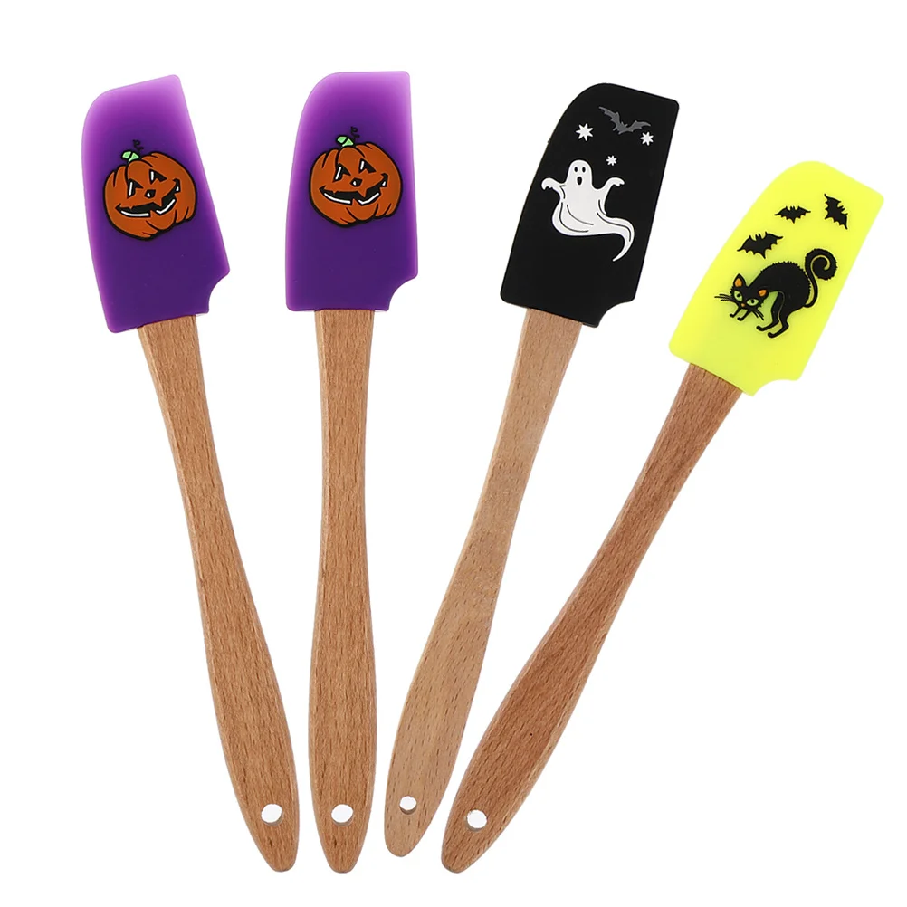 

4Pcs Silicone Spatula Set Halloween Theme Wood Handle Non Stick Baking Tools for Cake Cream Jam Decorating Kitchen Utensils