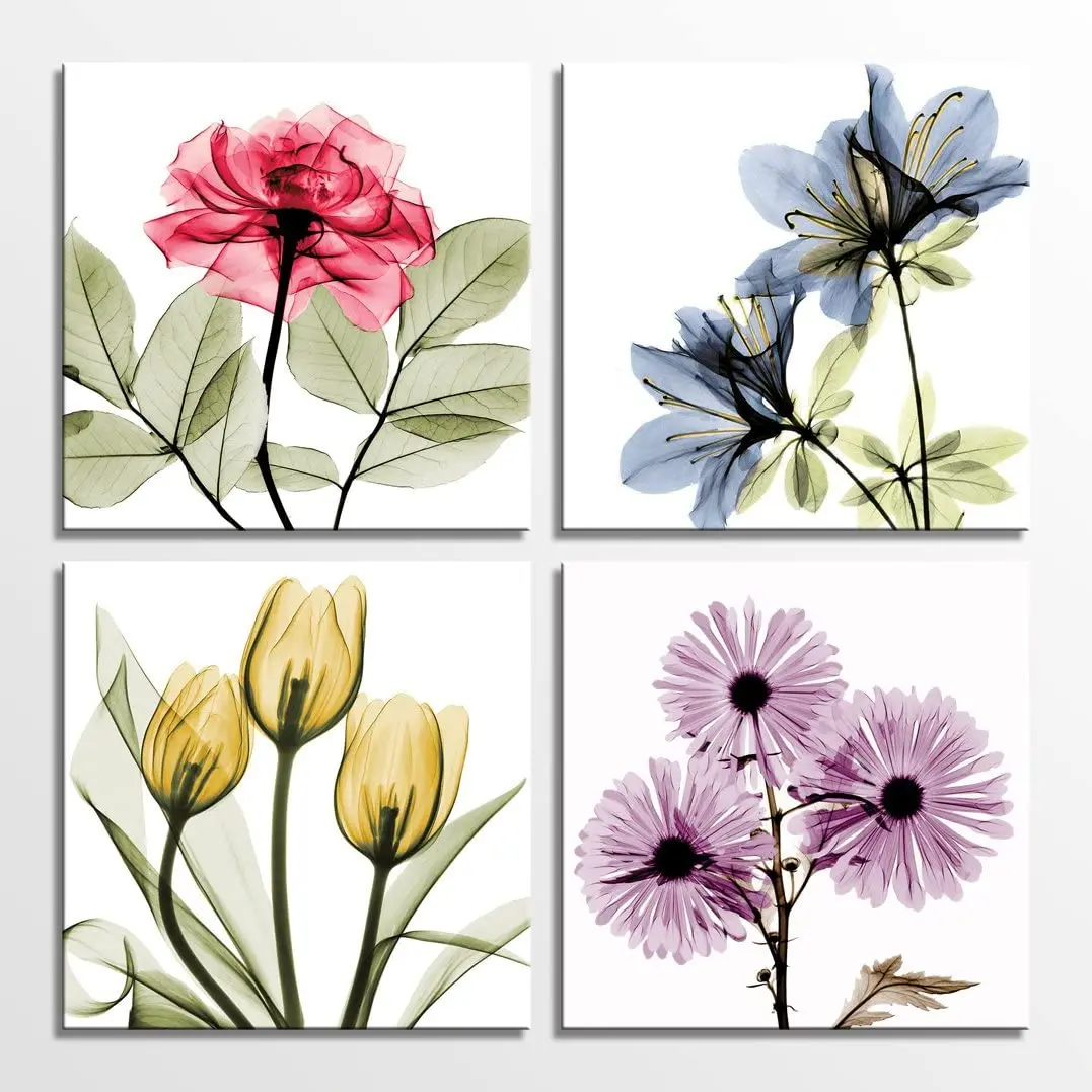 4 Pcs Bathroom Tulip Rose Golden Red Vivid Flower Floral Posters Canvas Wall Art Pictures Home Decor Paintings Room Decorations