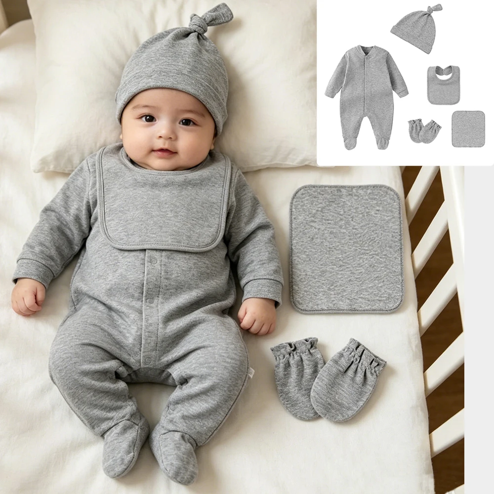 Baby Clothing Clearance - 新生児用100%コットンベビー服セット、病院用女児服セット、ピンクの長袖ロンパース+帽子+よだれかけ+手袋付きギフトボックス